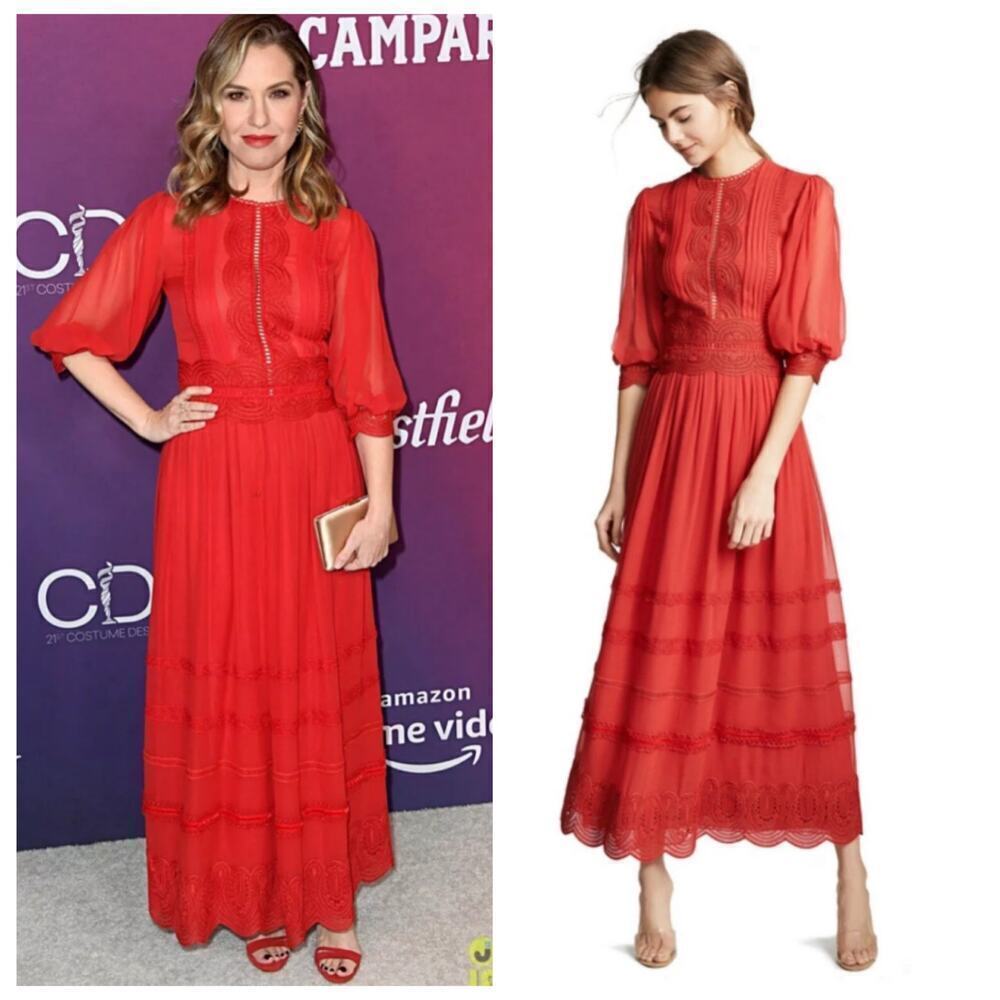 COSTARELLOS Red Scalloped Lace-Trim Maxi Dress Silk Gown Embroidered 36 4 S